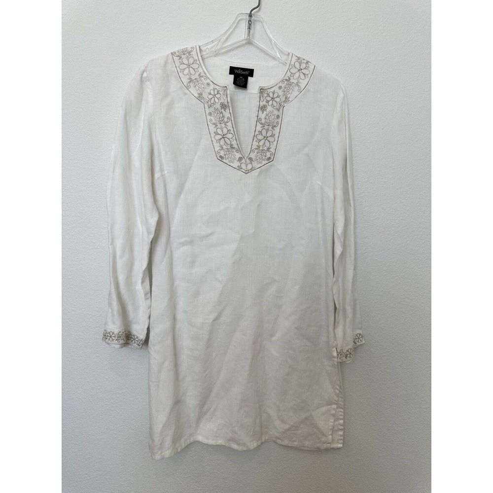 WilliSmith 100%‎ Linen White Embroidered Tunic Top/Swimsuit coverup Size M